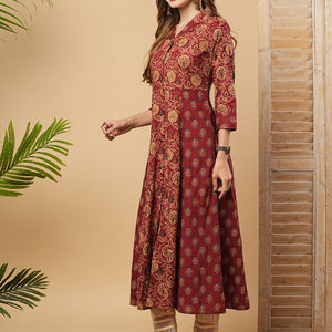 Ethnic Printed A-Line Paneled Flared Kurta - Maroon