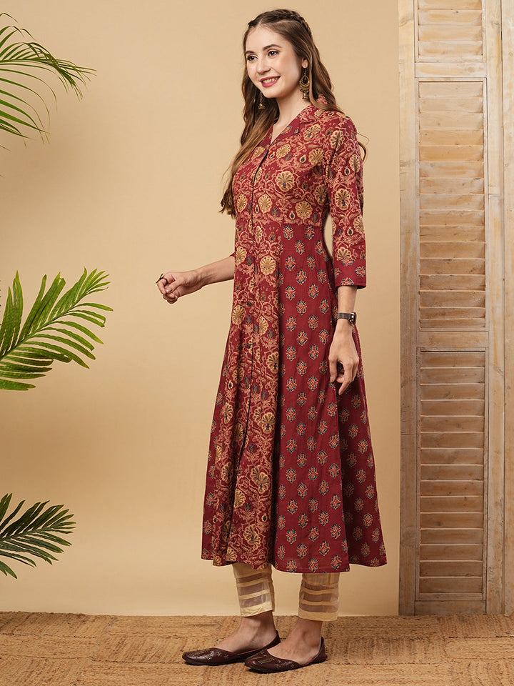 Ethnic Printed A-Line Paneled Flared Kurta - Maroon