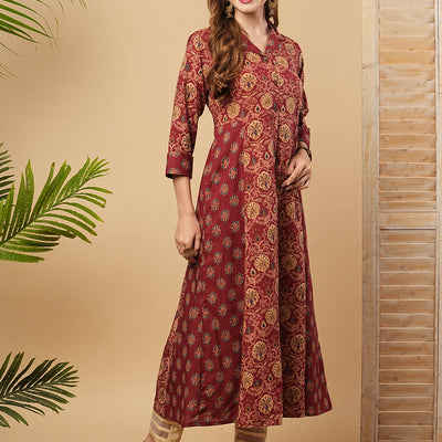 Ethnic Printed A-Line Paneled Flared Kurta - Maroon