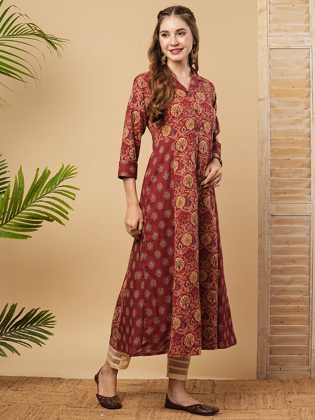 Ethnic Printed A-Line Paneled Flared Kurta - Maroon