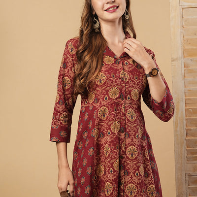 Ethnic Printed A-Line Paneled Flared Kurta - Maroon