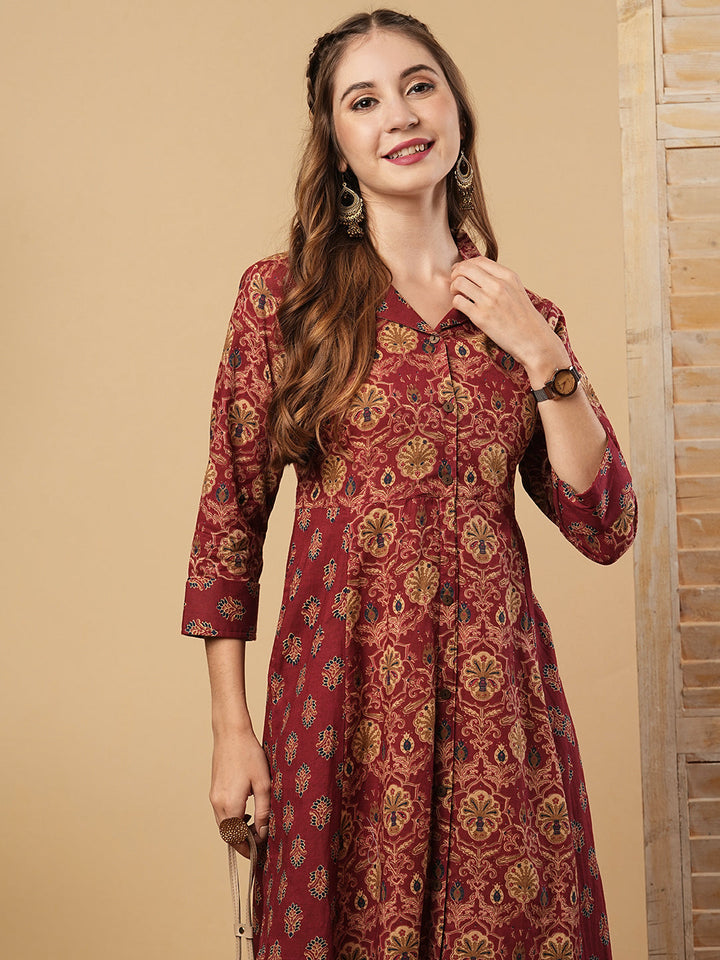 Ethnic Printed A-Line Paneled Flared Kurta - Maroon