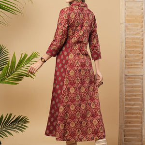 Ethnic Printed A-Line Paneled Flared Kurta - Maroon