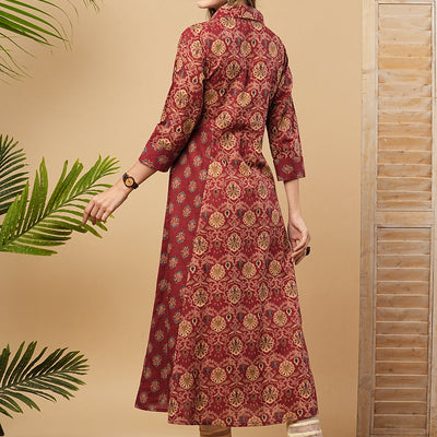 Ethnic Printed A-Line Paneled Flared Kurta - Maroon
