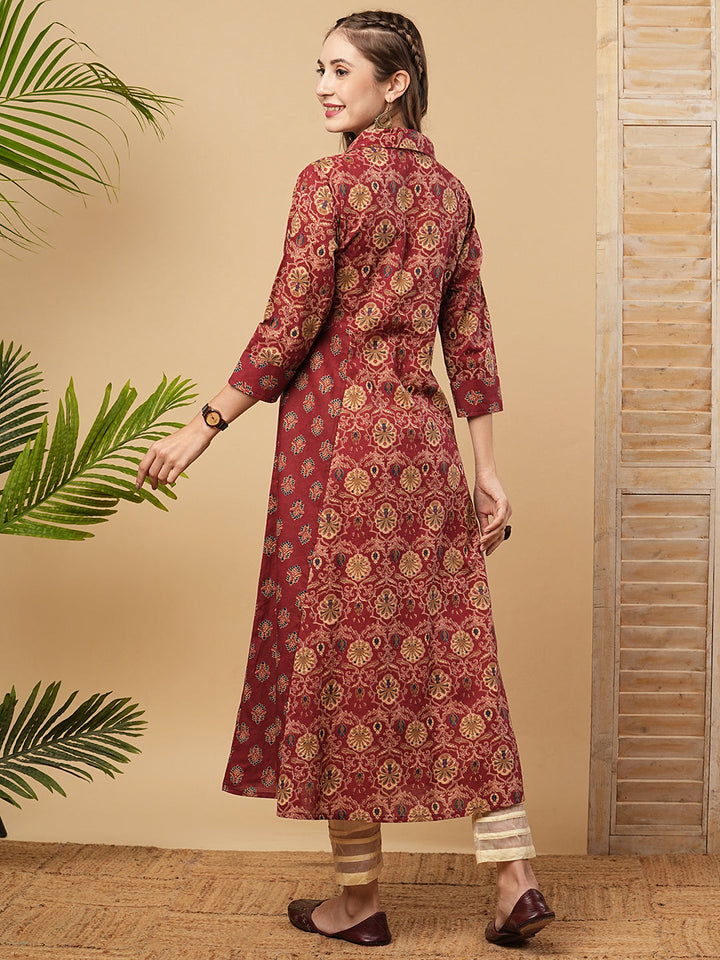 Ethnic Printed A-Line Paneled Flared Kurta - Maroon