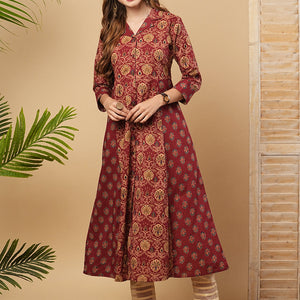 Ethnic Printed A-Line Paneled Flared Kurta - Maroon
