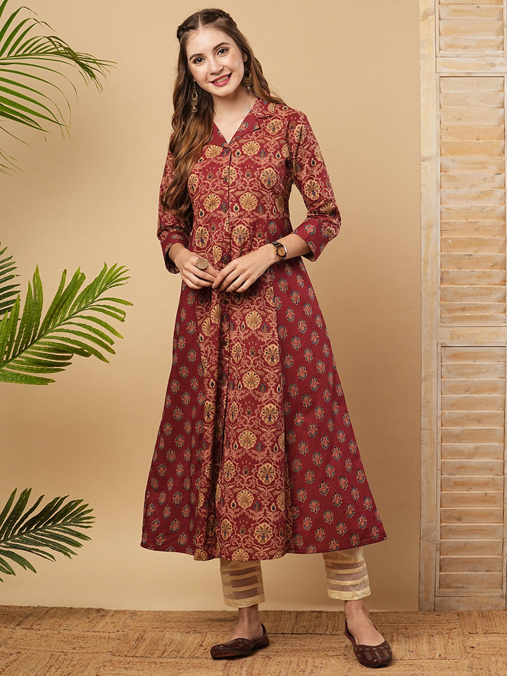 Ethnic Printed A-Line Paneled Flared Kurta - Maroon