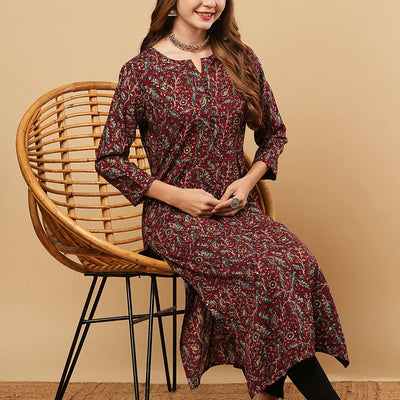 Floral Printed Sequins & Resham Embroidered Kurta - Maroon