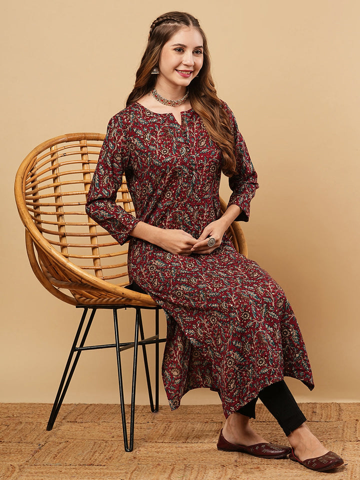 Floral Printed Sequins & Resham Embroidered Kurta - Maroon