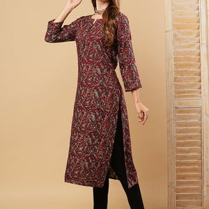 Floral Printed Sequins & Resham Embroidered Kurta - Maroon