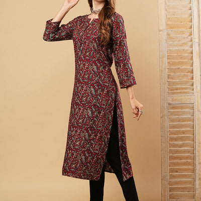 Floral Printed Sequins & Resham Embroidered Kurta - Maroon