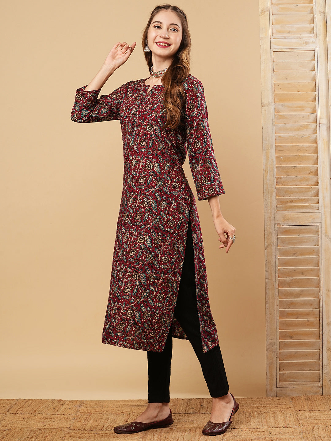 Floral Printed Sequins & Resham Embroidered Kurta - Maroon