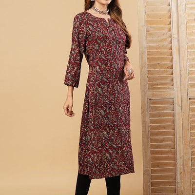 Floral Printed Sequins & Resham Embroidered Kurta - Maroon