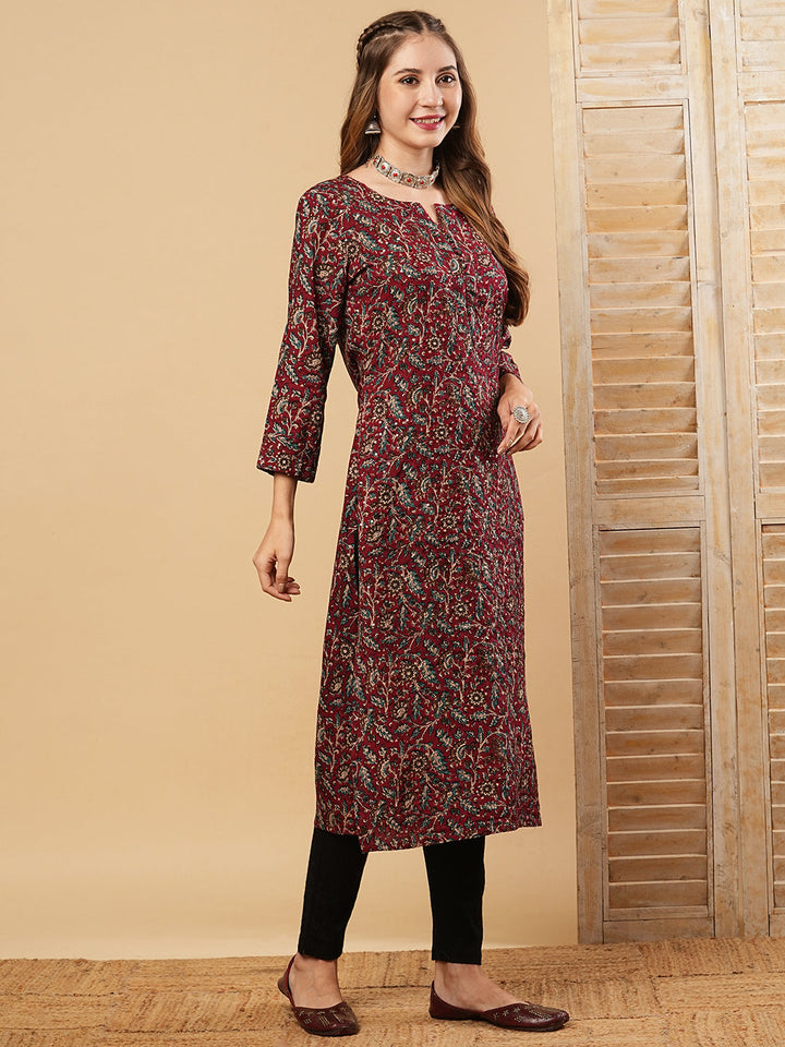 Floral Printed Sequins & Resham Embroidered Kurta - Maroon