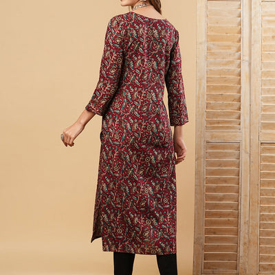 Floral Printed Sequins & Resham Embroidered Kurta - Maroon