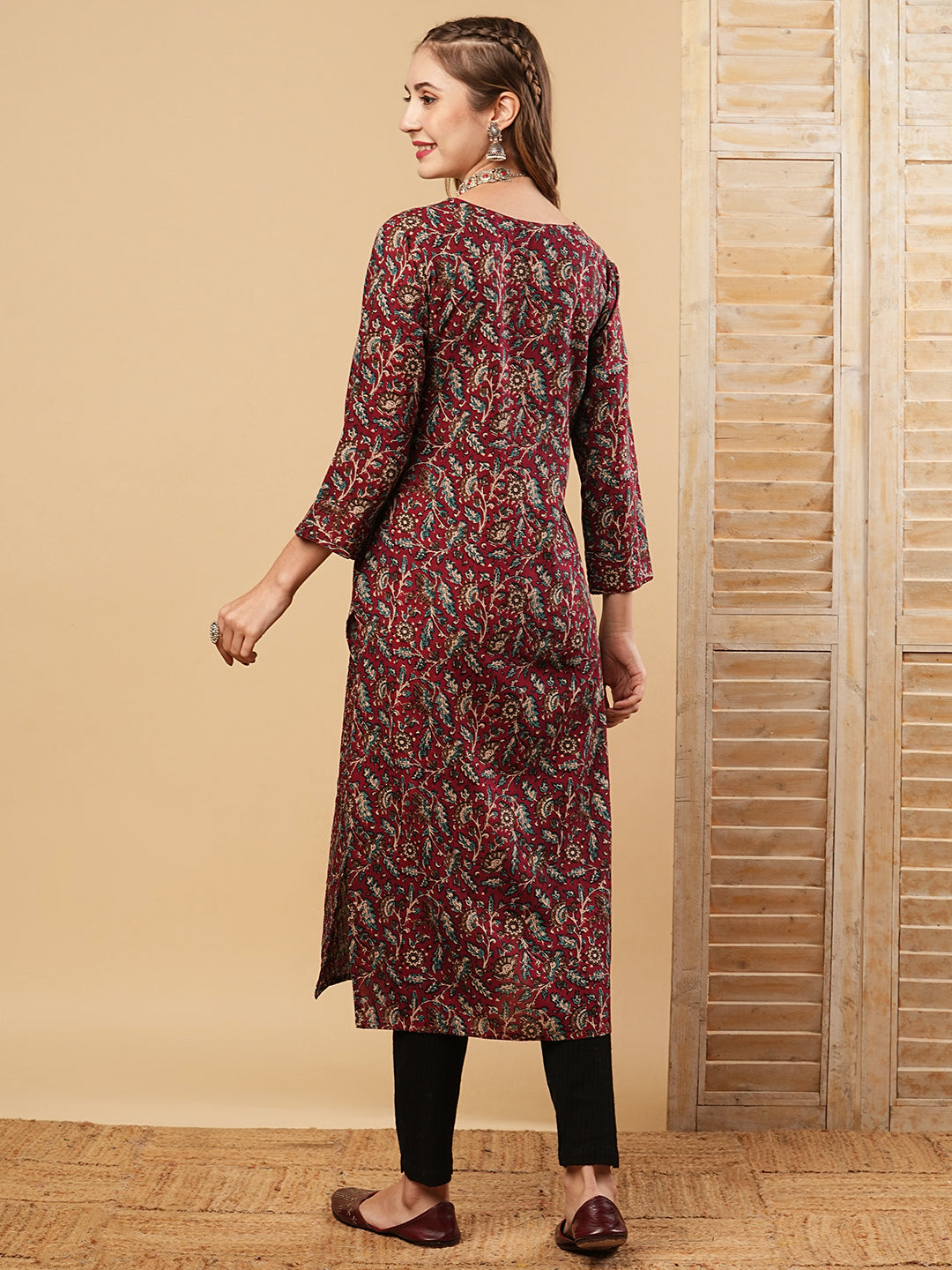 Floral Printed Sequins & Resham Embroidered Kurta - Maroon