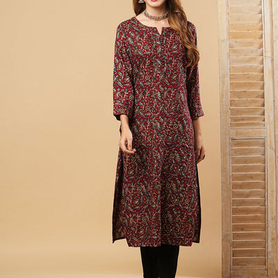 Floral Printed Sequins & Resham Embroidered Kurta - Maroon