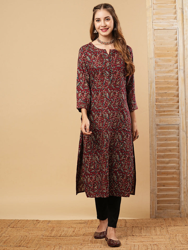 Floral Printed Sequins & Resham Embroidered Kurta - Maroon