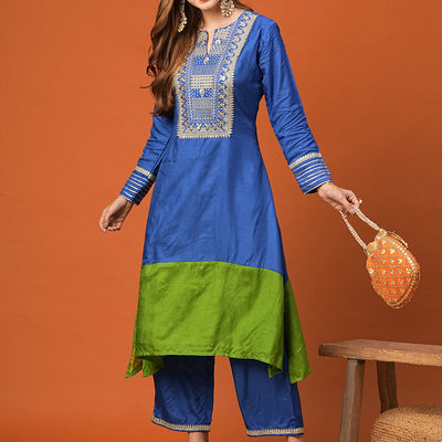 Ethnic Zari Embroidered Colorblocked A-Line High-Low Kurta with Palazzo - Blue