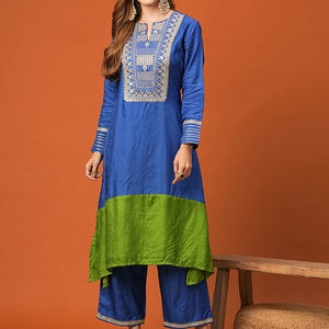 Ethnic Zari Embroidered Colorblocked A-Line High-Low Kurta with Palazzo - Blue