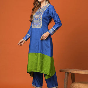Ethnic Zari Embroidered Colorblocked A-Line High-Low Kurta with Palazzo - Blue