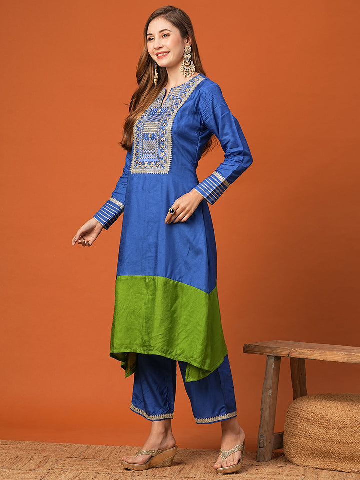 Ethnic Zari Embroidered Colorblocked A-Line High-Low Kurta with Palazzo - Blue