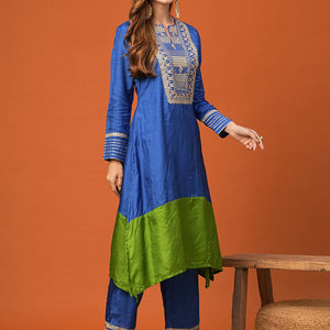 Ethnic Zari Embroidered Colorblocked A-Line High-Low Kurta with Palazzo - Blue
