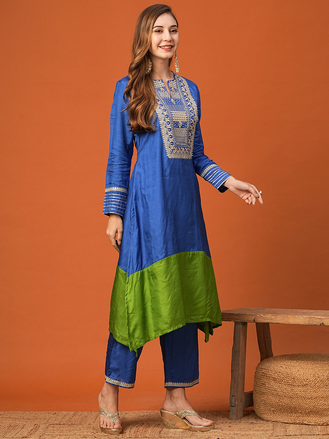 Ethnic Zari Embroidered Colorblocked A-Line High-Low Kurta with Palazzo - Blue