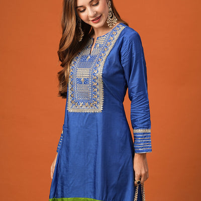 Ethnic Zari Embroidered Colorblocked A-Line High-Low Kurta with Palazzo - Blue