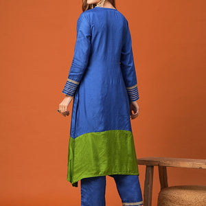 Ethnic Zari Embroidered Colorblocked A-Line High-Low Kurta with Palazzo - Blue