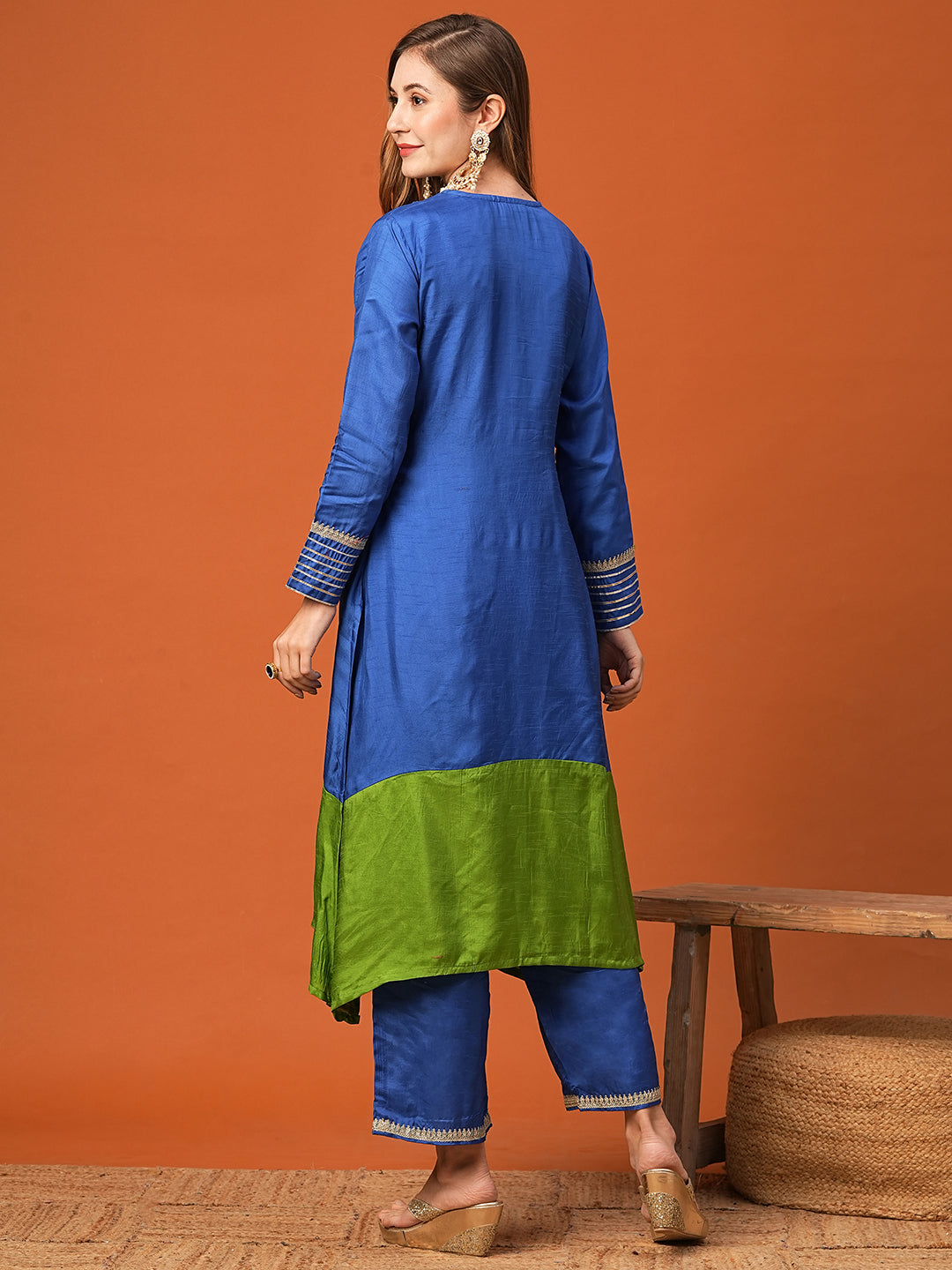 Ethnic Zari Embroidered Colorblocked A-Line High-Low Kurta with Palazzo - Blue