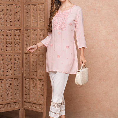 Solid Chikankari Embroidered Straight Fit Kurti - Pink