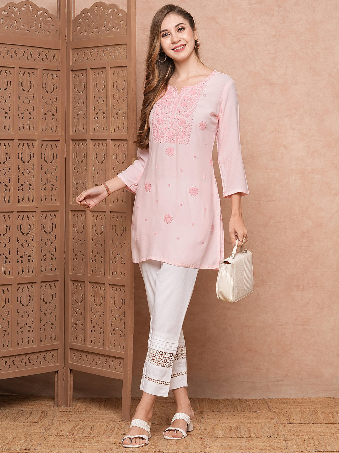 Solid Chikankari Embroidered Straight Fit Kurti - Pink