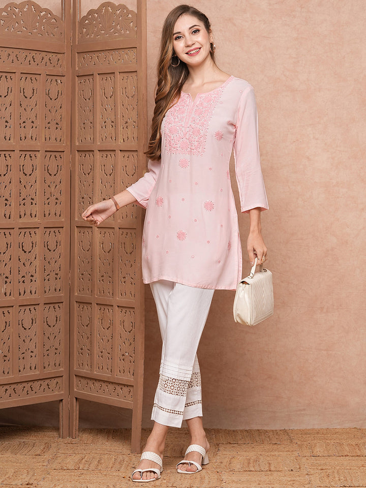 Solid Chikankari Embroidered Straight Fit Kurti - Pink