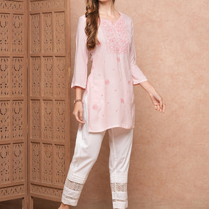 Solid Chikankari Embroidered Straight Fit Kurti - Pink
