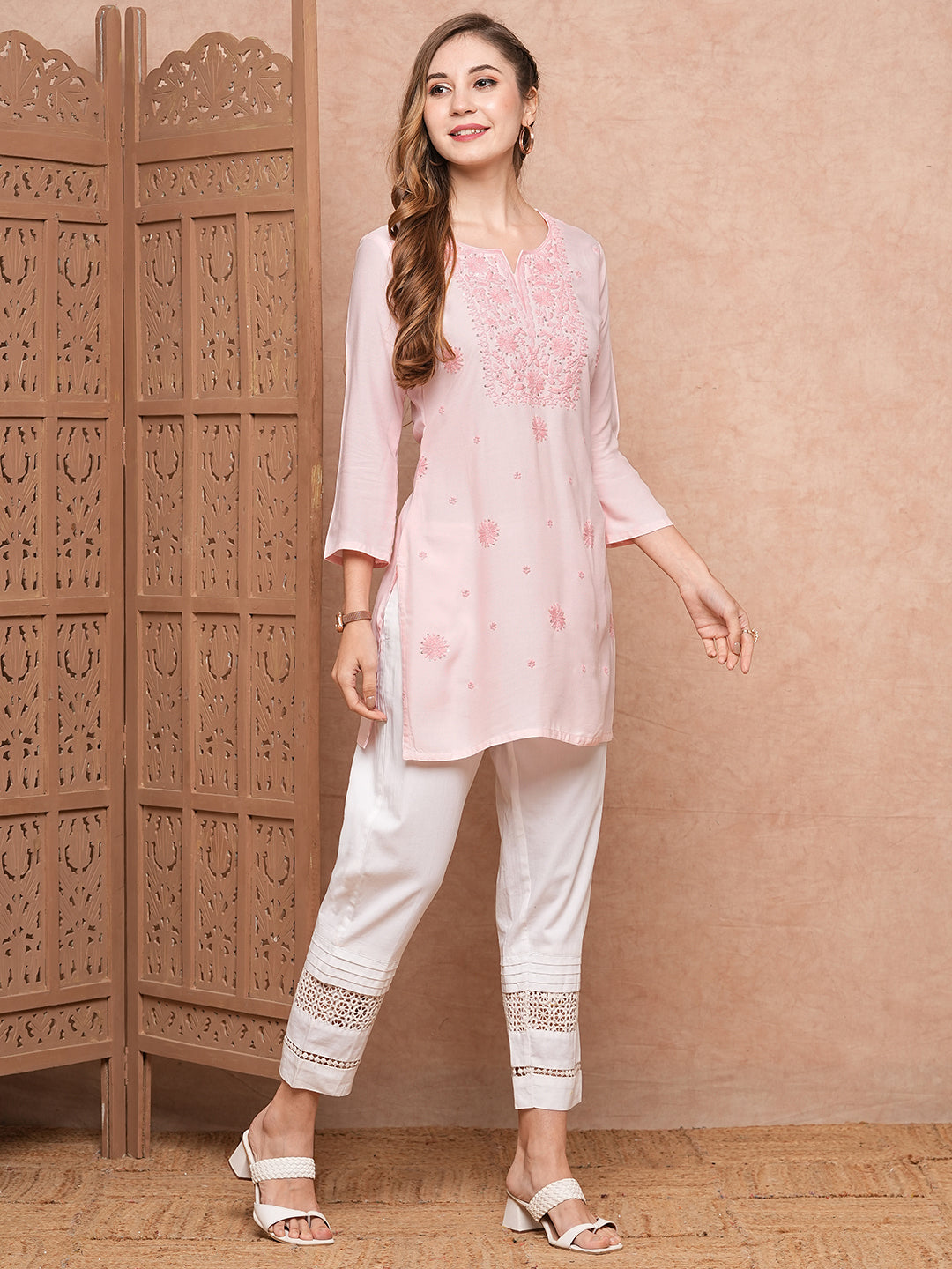 Solid Chikankari Embroidered Straight Fit Kurti - Pink