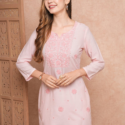 Solid Chikankari Embroidered Straight Fit Kurti - Pink