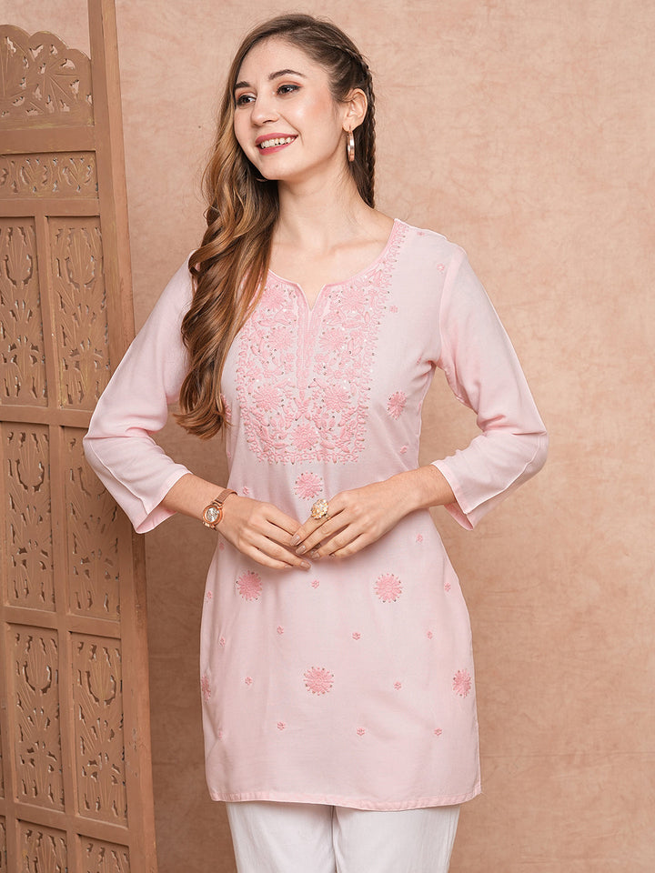 Solid Chikankari Embroidered Straight Fit Kurti - Pink