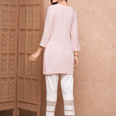 Solid Chikankari Embroidered Straight Fit Kurti - Pink