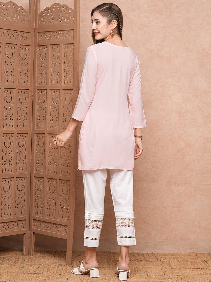 Solid Chikankari Embroidered Straight Fit Kurti - Pink