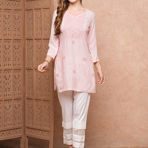 Solid Chikankari Embroidered Straight Fit Kurti - Pink