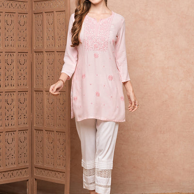 Solid Chikankari Embroidered Straight Fit Kurti - Pink