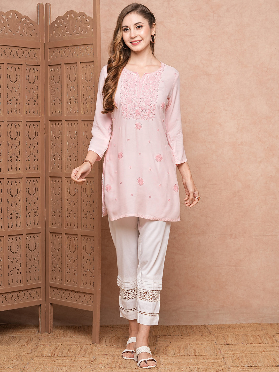 Solid Chikankari Embroidered Straight Fit Kurti - Pink