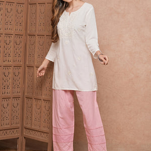 Solid Chikankari Embroidered Straight Fit Kurti - White