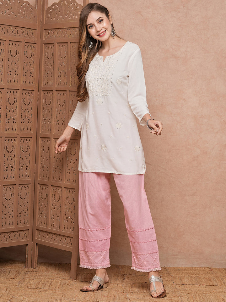 Solid Chikankari Embroidered Straight Fit Kurti - White