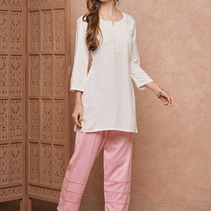 Solid Chikankari Embroidered Straight Fit Kurti - White