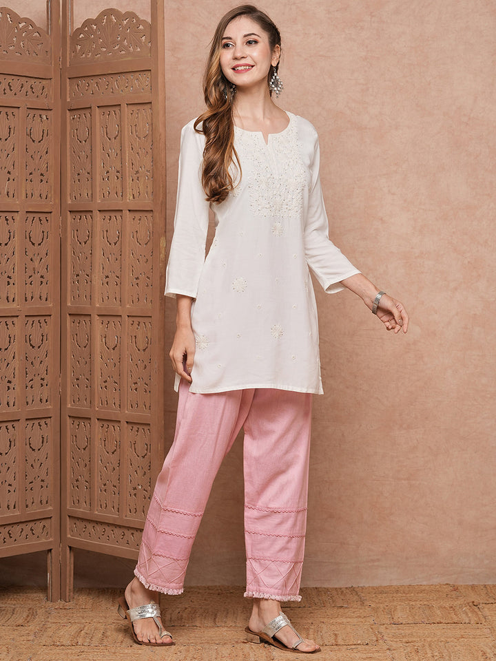 Solid Chikankari Embroidered Straight Fit Kurti - White