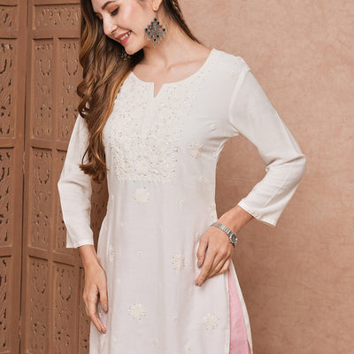 Solid Chikankari Embroidered Straight Fit Kurti - White