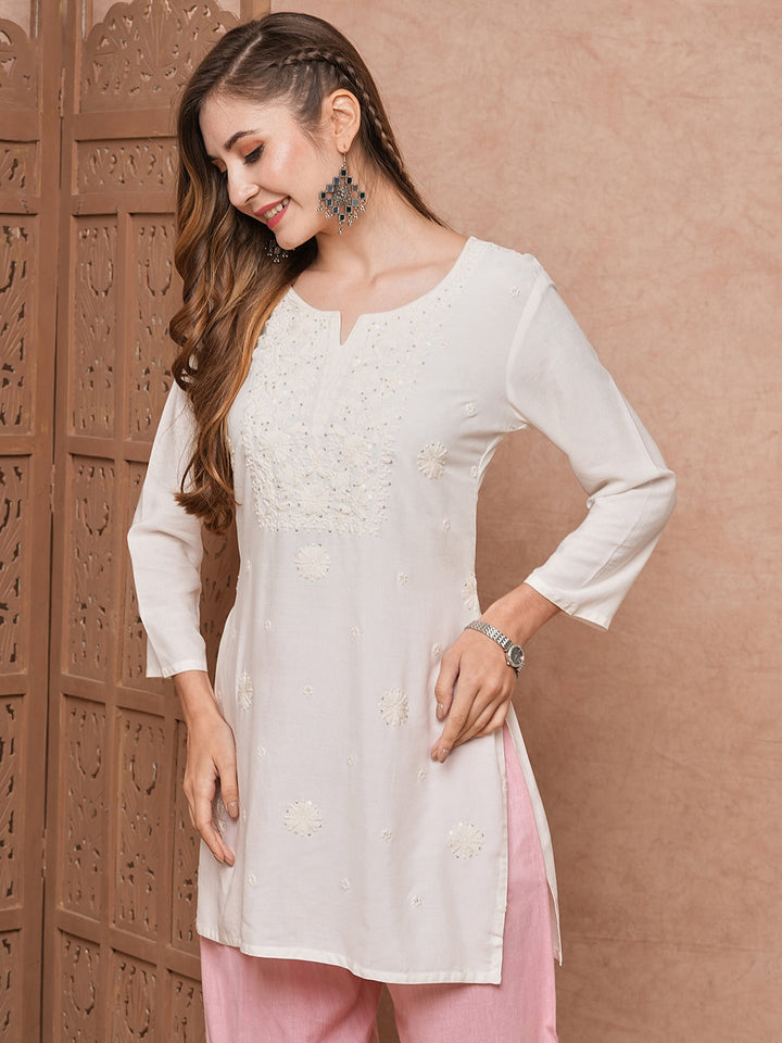 Solid Chikankari Embroidered Straight Fit Kurti - White