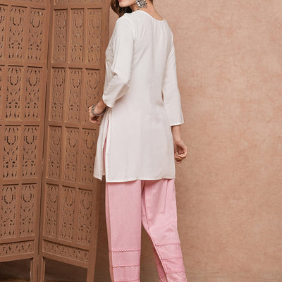 Solid Chikankari Embroidered Straight Fit Kurti - White